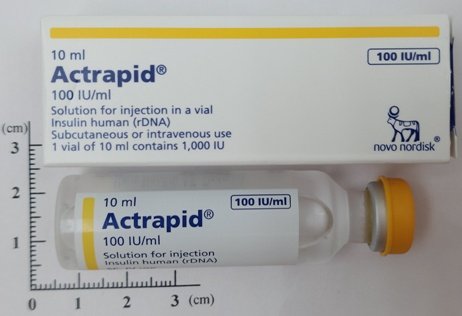Actual Actrapid regular human insulin 100 IU per mL vial; Indian pack appearance may vary