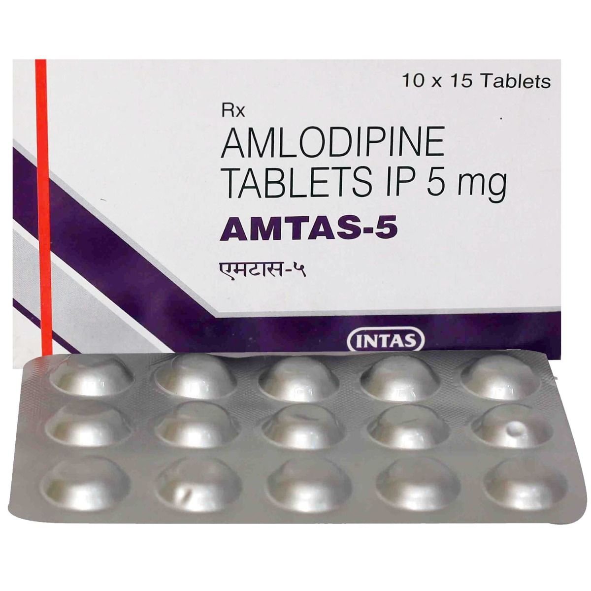 Amtas-5 amlodipine 5 mg tablet box and blister marketed in India; representative pack only