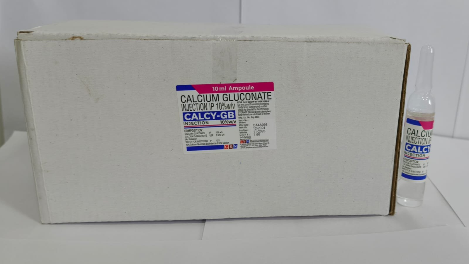 CALEY-GB calcium gluconate injection IP 10 percent 10 mL ampoule; representative India-market example