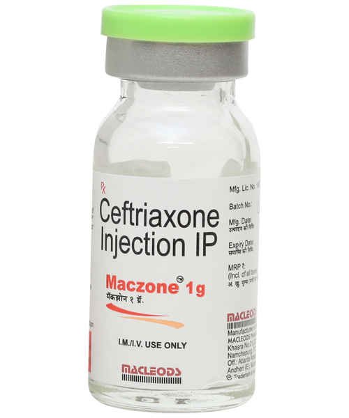 Maczone ceftriaxone 1 g injection vial marketed in India; representative pack only