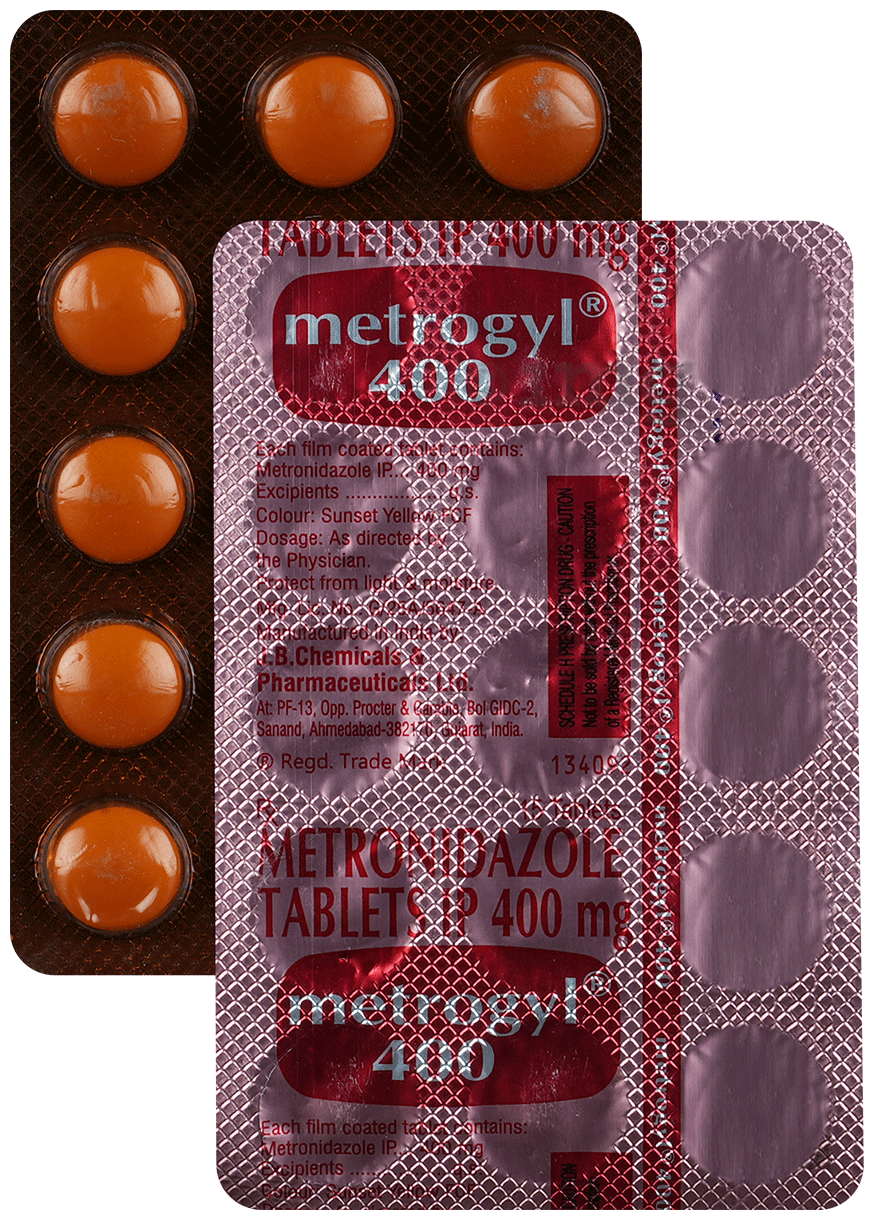 Actual Metrogyl 400 metronidazole tablet pack sold in India