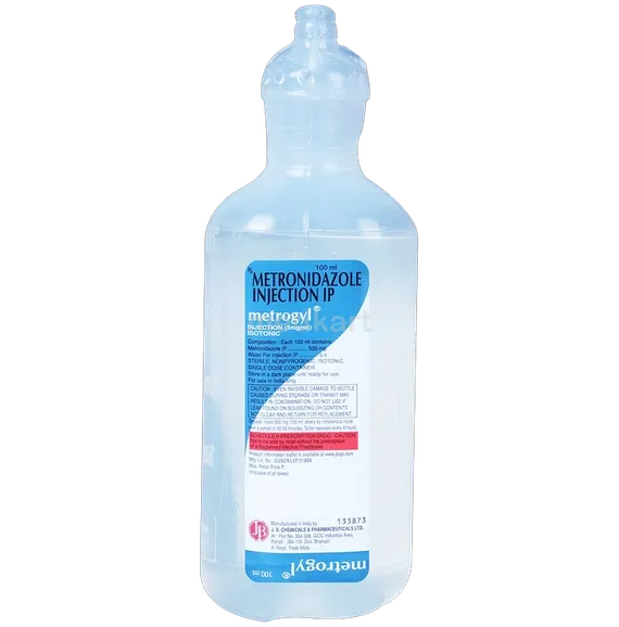 Actual Metrogyl IV metronidazole 500 mg per 100 mL infusion bottle sold in India